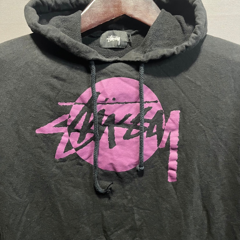 Stussy Mens Black Graphic Hoodie Purple Logo Pullover Sweatshirt Small USA Made - Picture 3 of 8